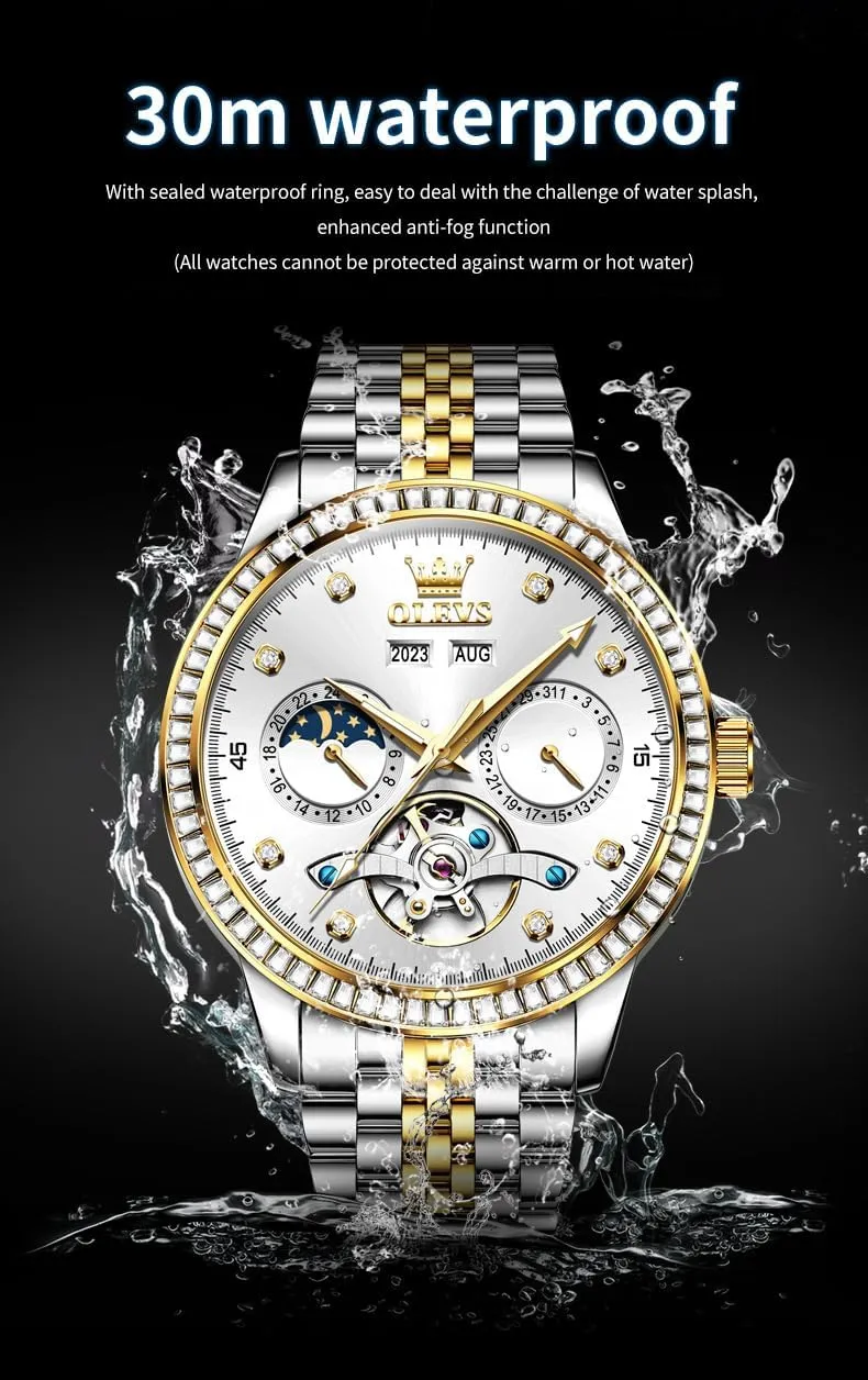 OLEVS Automatic Watches for Men Diamond Luxury Dress Tourbillion Moon Phase Two Tone Stainless Steel Luminous Waterproof Men Wrist Watch