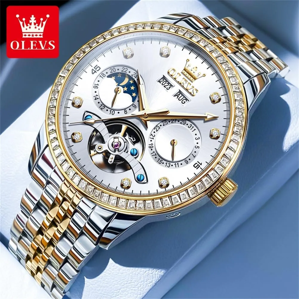 OLEVS Automatic Watches for Men Diamond Luxury Dress Tourbillion Moon Phase Two Tone Stainless Steel Luminous Waterproof Men Wrist Watch