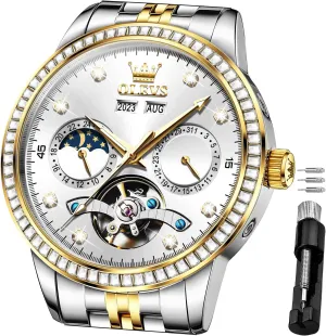 OLEVS Automatic Watches for Men Diamond Luxury Dress Tourbillion Moon Phase Two Tone Stainless Steel Luminous Waterproof Men Wrist Watch