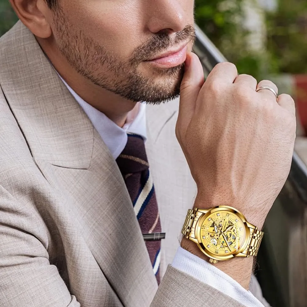 OLEVS Gold Skeleton Men's Automatic Mechanical Watches self Winding Luxury Dress Shiny Diamond Stainless Steel Waterproof Luminous Wrist Watches