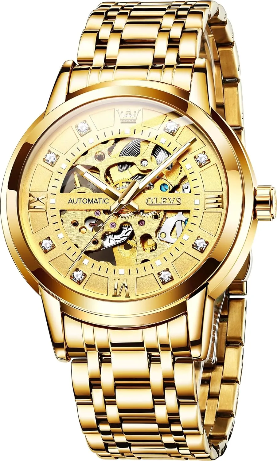 OLEVS Gold Skeleton Men's Automatic Mechanical Watches self Winding Luxury Dress Shiny Diamond Stainless Steel Waterproof Luminous Wrist Watches