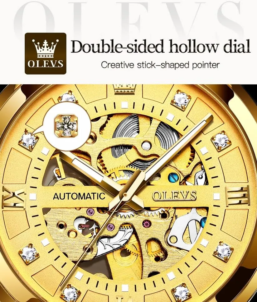 OLEVS Gold Skeleton Men's Automatic Mechanical Watches self Winding Luxury Dress Shiny Diamond Stainless Steel Waterproof Luminous Wrist Watches