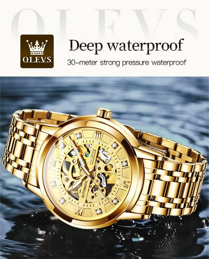 OLEVS Gold Skeleton Men's Automatic Mechanical Watches self Winding Luxury Dress Shiny Diamond Stainless Steel Waterproof Luminous Wrist Watches