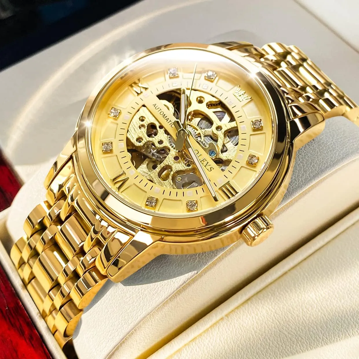 OLEVS Gold Skeleton Men's Automatic Mechanical Watches self Winding Luxury Dress Shiny Diamond Stainless Steel Waterproof Luminous Wrist Watches