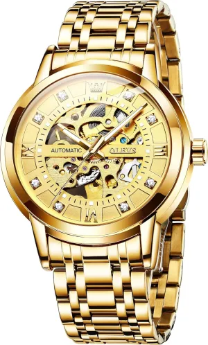 OLEVS Gold Skeleton Men's Automatic Mechanical Watches self Winding Luxury Dress Shiny Diamond Stainless Steel Waterproof Luminous Wrist Watches