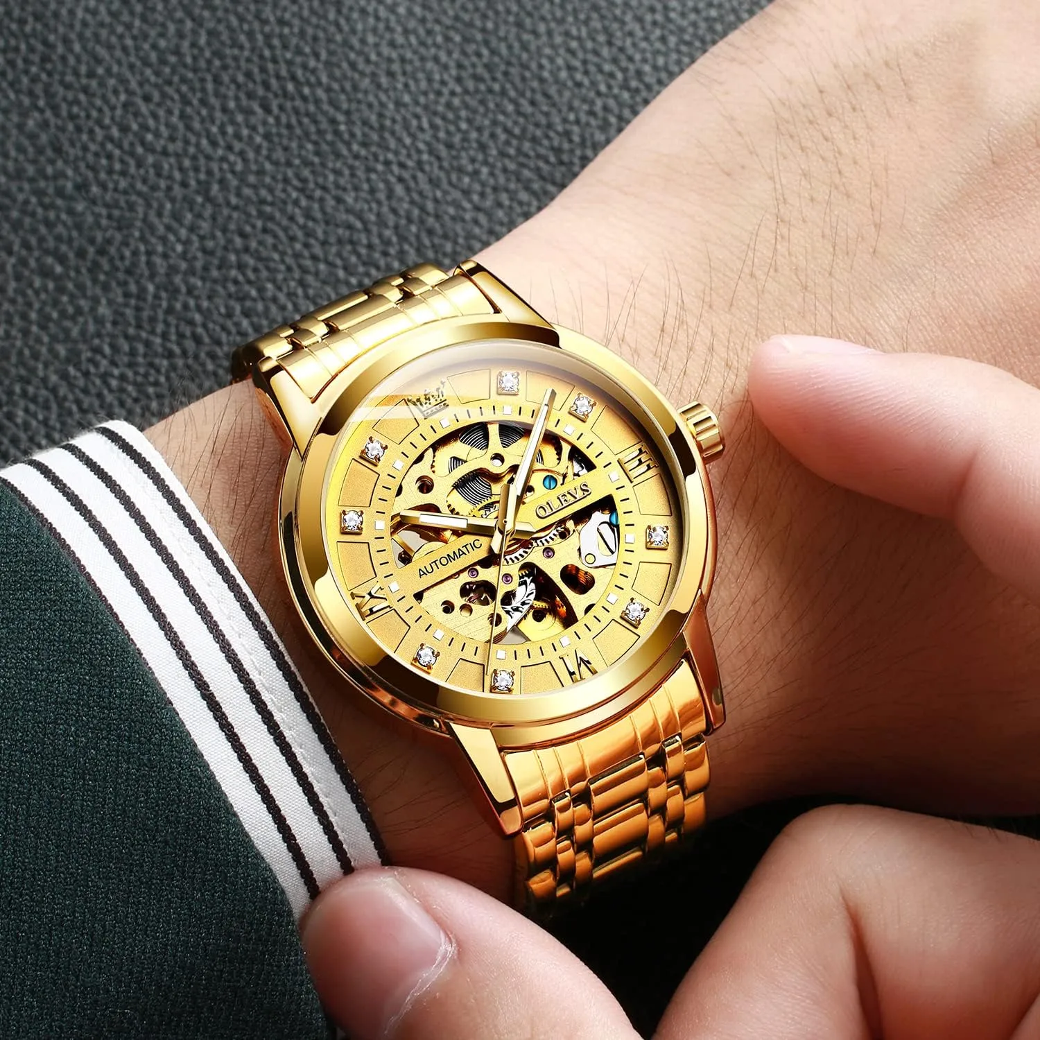 OLEVS Gold Skeleton Men's Automatic Mechanical Watches self Winding Luxury Dress Shiny Diamond Stainless Steel Waterproof Luminous Wrist Watches