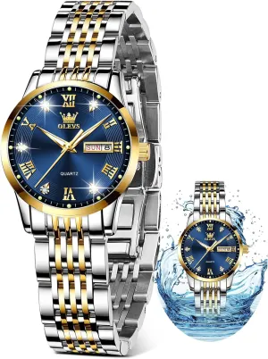 OLEVS Luxury Ladies Watches,Women's Watch with Day and Date,Female Watch for Small Wrist,Gold Stainless Steel Watches for Women,Easy Read Ladies Wrist Watches WaterproofAdjustable Strap