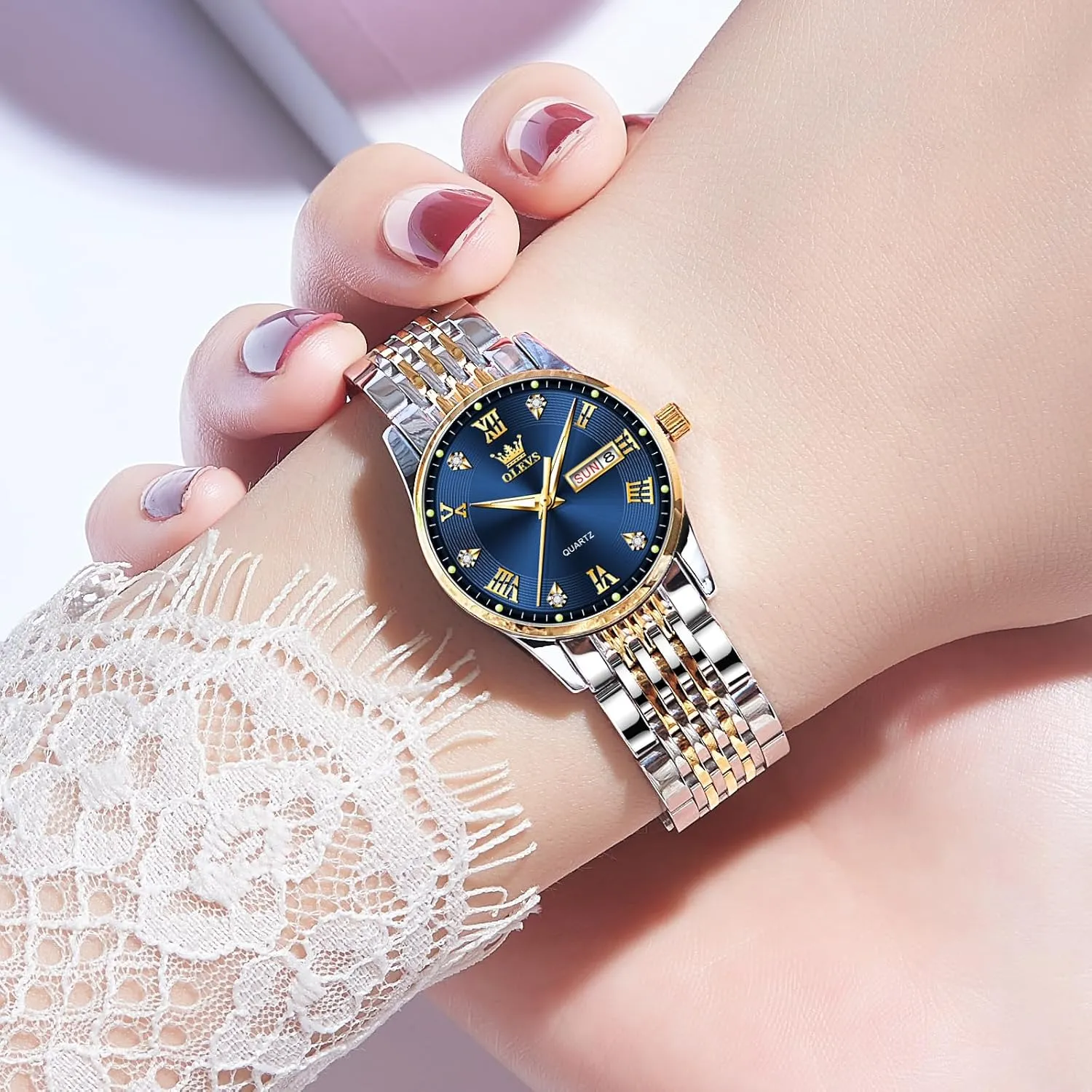 OLEVS Luxury Ladies Watches,Women's Watch with Day and Date,Female Watch for Small Wrist,Gold Stainless Steel Watches for Women,Easy Read Ladies Wrist Watches WaterproofAdjustable Strap