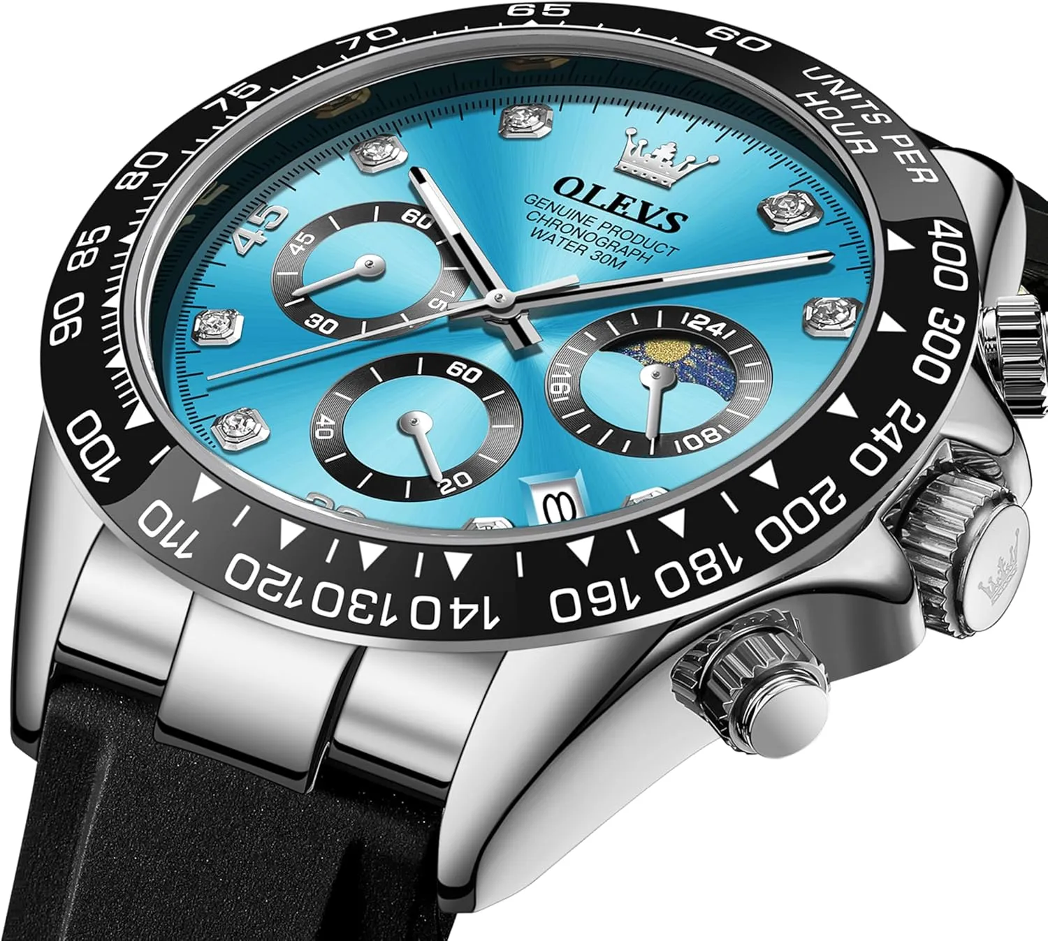 OLEVS Men Analog Quartz Waterproof Watches Multifunction Chronograph Diamond Moon Phase Luminous Silicone Band Wrist Watches