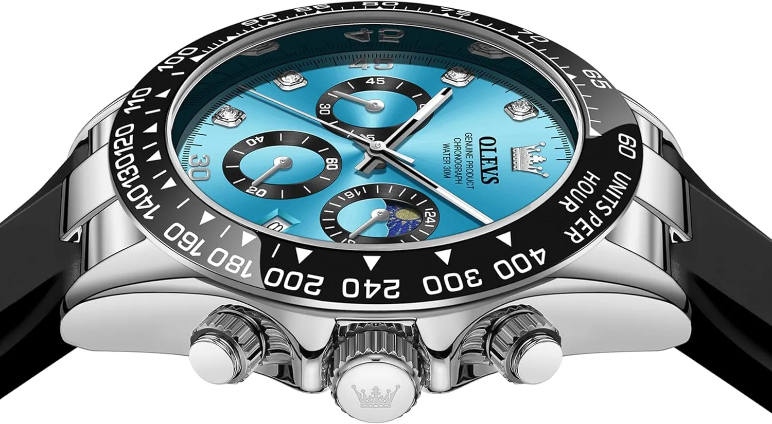 OLEVS Men Analog Quartz Waterproof Watches Multifunction Chronograph Diamond Moon Phase Luminous Silicone Band Wrist Watches