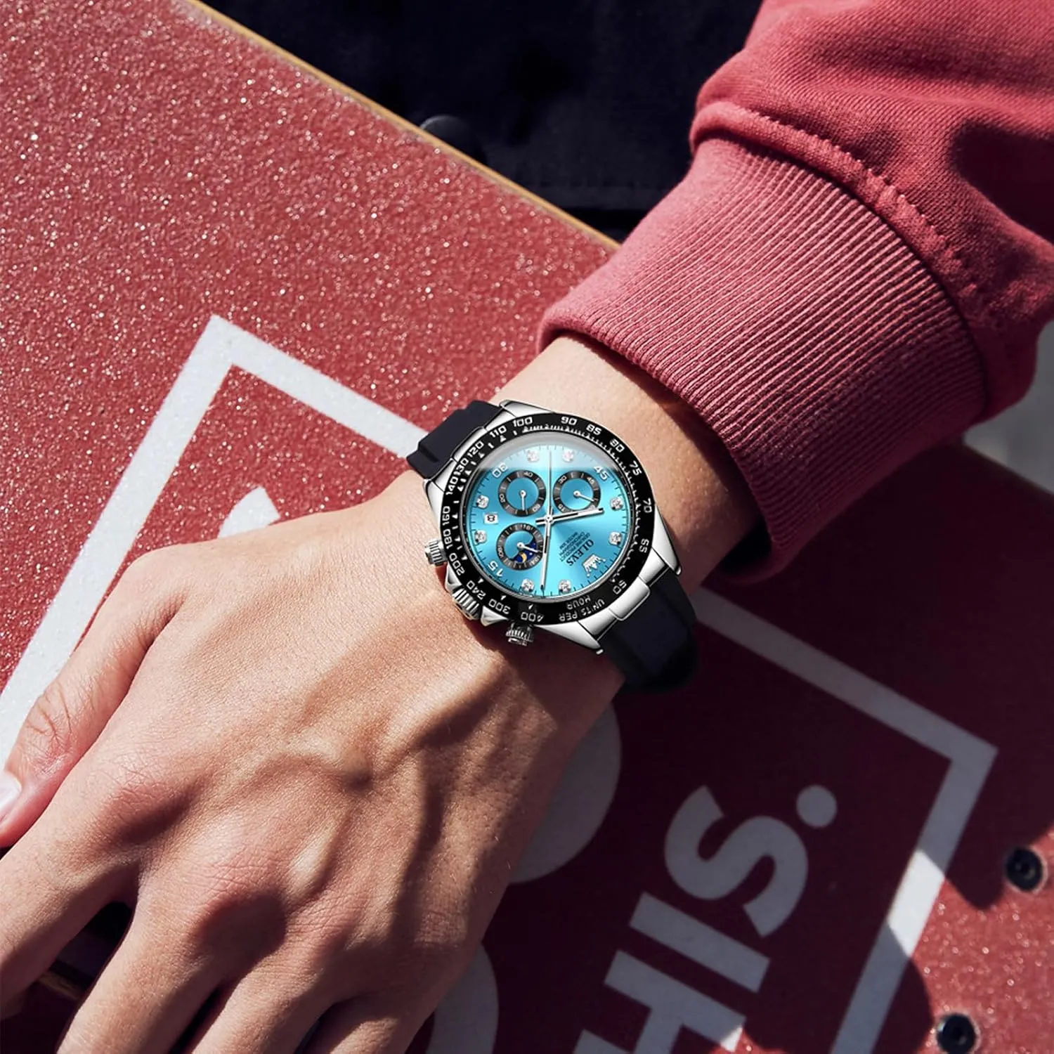 OLEVS Men Analog Quartz Waterproof Watches Multifunction Chronograph Diamond Moon Phase Luminous Silicone Band Wrist Watches