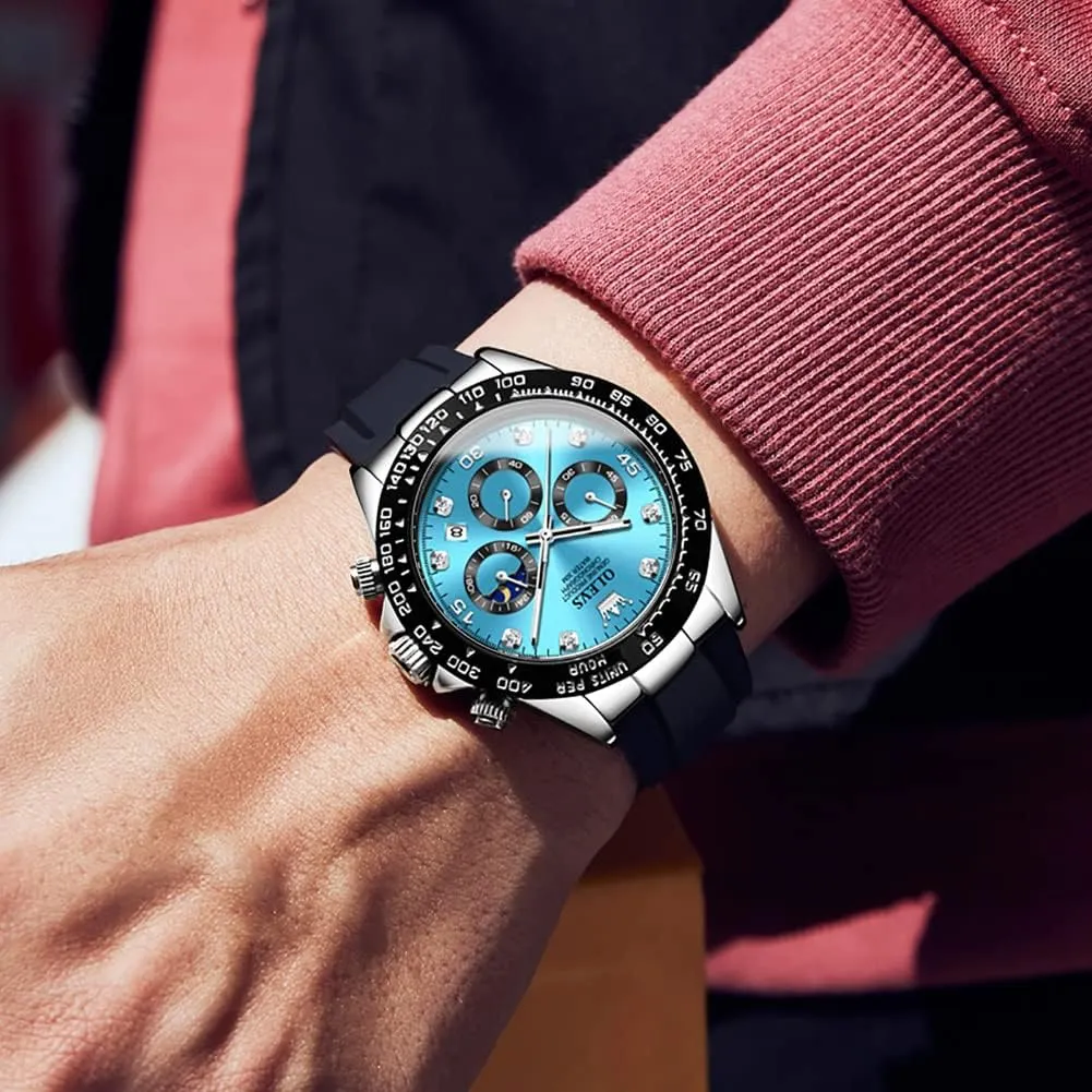 OLEVS Men Analog Quartz Waterproof Watches Multifunction Chronograph Diamond Moon Phase Luminous Silicone Band Wrist Watches