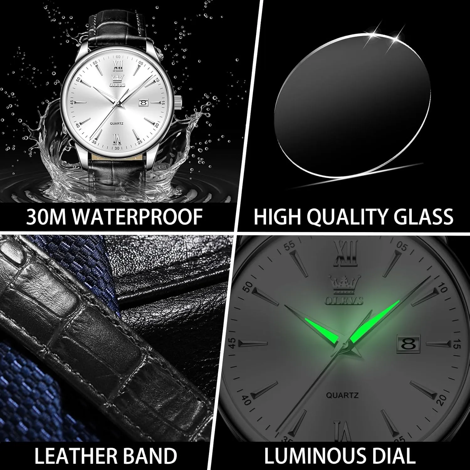 OLEVS Men Leather Watch,Mens Wrist Watches,Big Face Watches for Men,Leather Band Watches for Men,Day Date Watches for Men,Waterproof Watches for Men,Men Classic Watch,Reloj para Hombres
