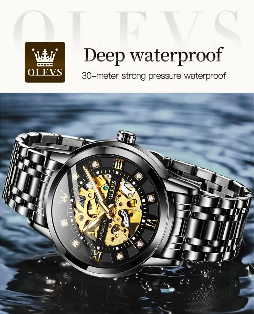 OLEVS Mens Gold Skeleton Watch Automatic Mechanical self Winding Luxury Dress Stainless Steel Waterproof Luminous Wrist Watches
