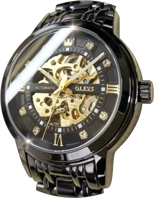 OLEVS Mens Gold Skeleton Watch Automatic Mechanical self Winding Luxury Dress Stainless Steel Waterproof Luminous Wrist Watches