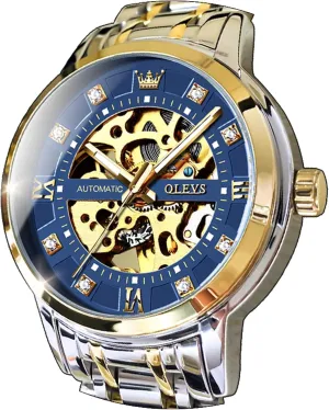 OLEVS Mens Gold Skeleton Watch Automatic Mechanical self Winding Luxury Dress Stainless Steel Waterproof Luminous Wrist Watches