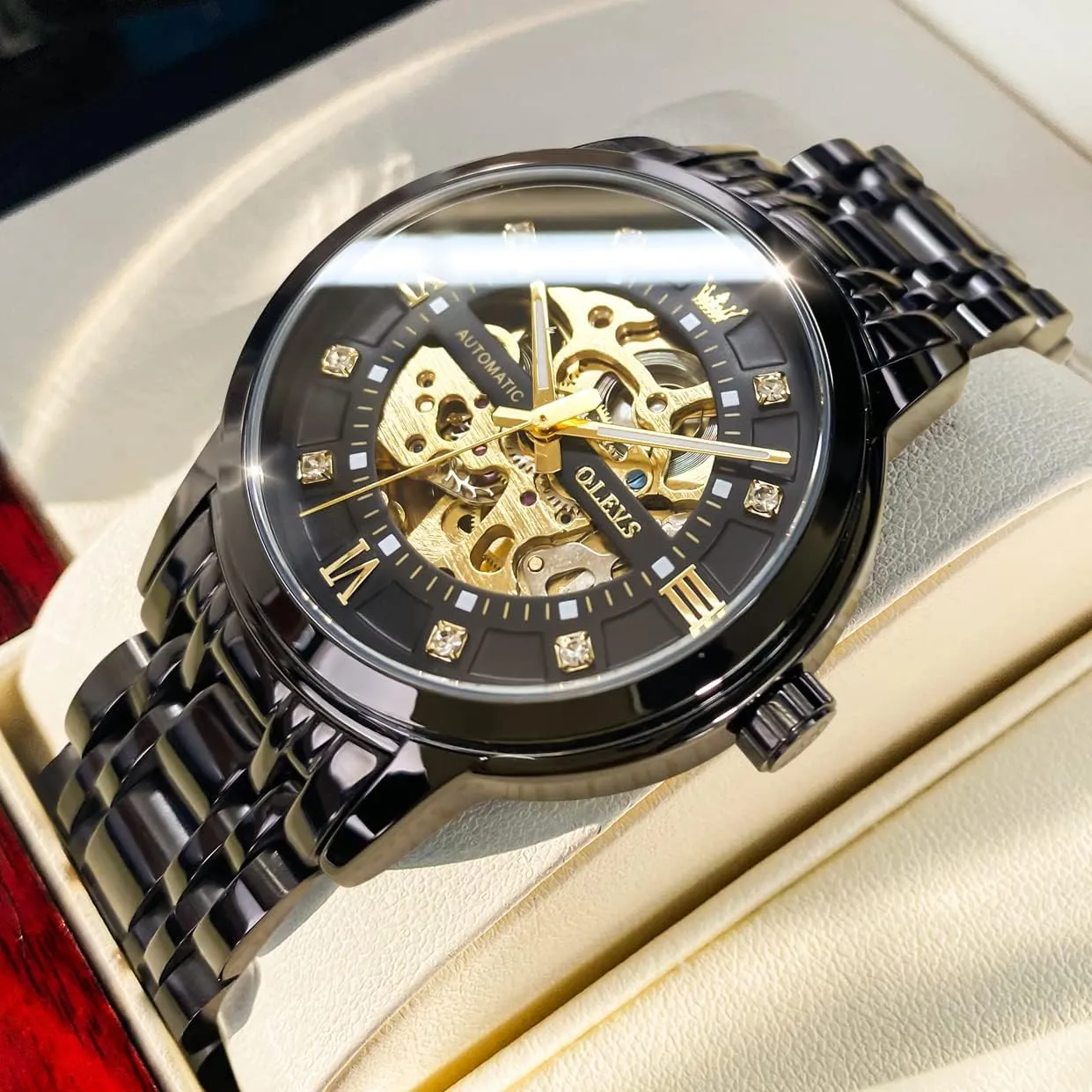 OLEVS Mens Gold Skeleton Watch Automatic Mechanical self Winding Luxury Dress Stainless Steel Waterproof Luminous Wrist Watches