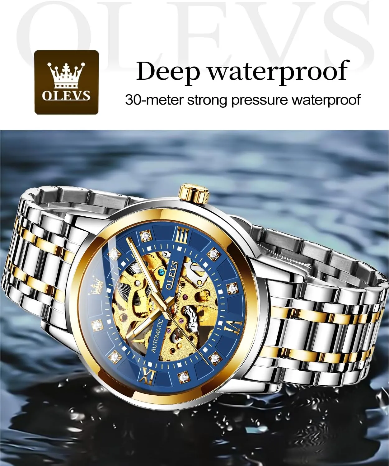 OLEVS Mens Gold Skeleton Watch Automatic Mechanical self Winding Luxury Dress Stainless Steel Waterproof Luminous Wrist Watches