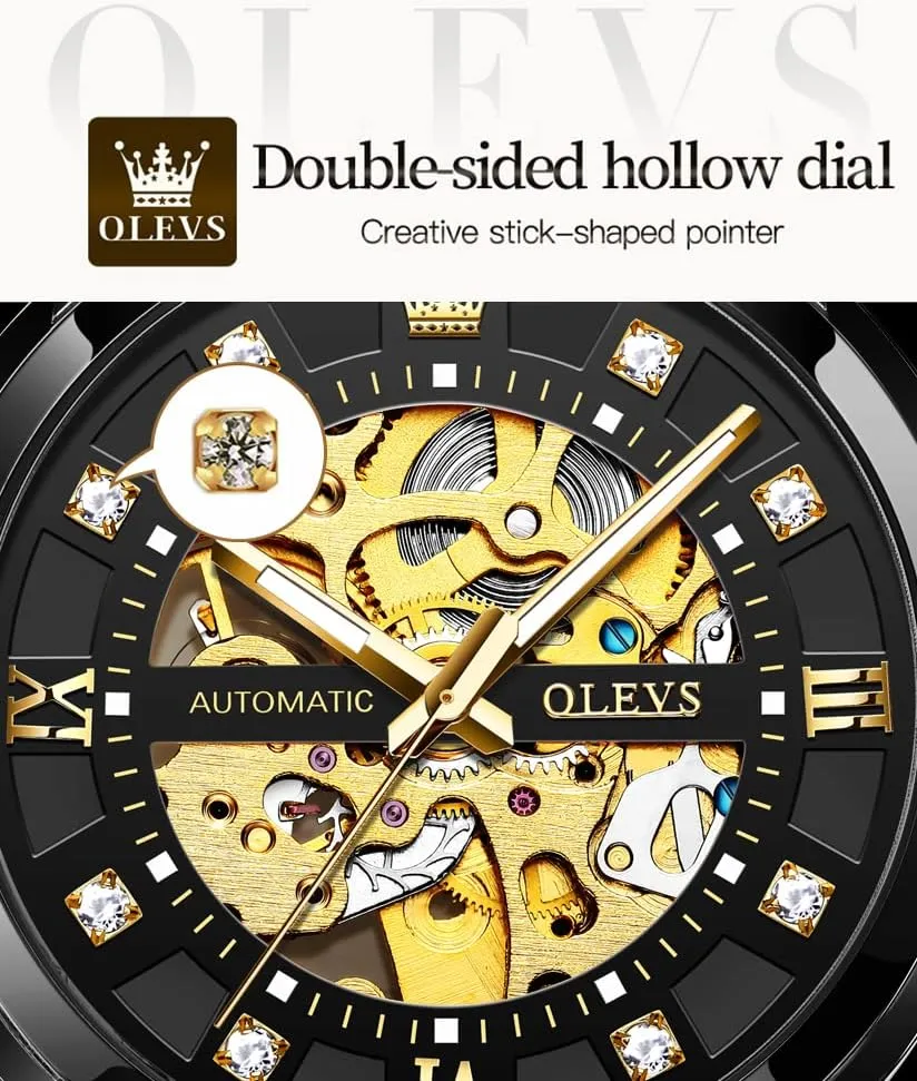 OLEVS Mens Gold Skeleton Watch Automatic Mechanical self Winding Luxury Dress Stainless Steel Waterproof Luminous Wrist Watches