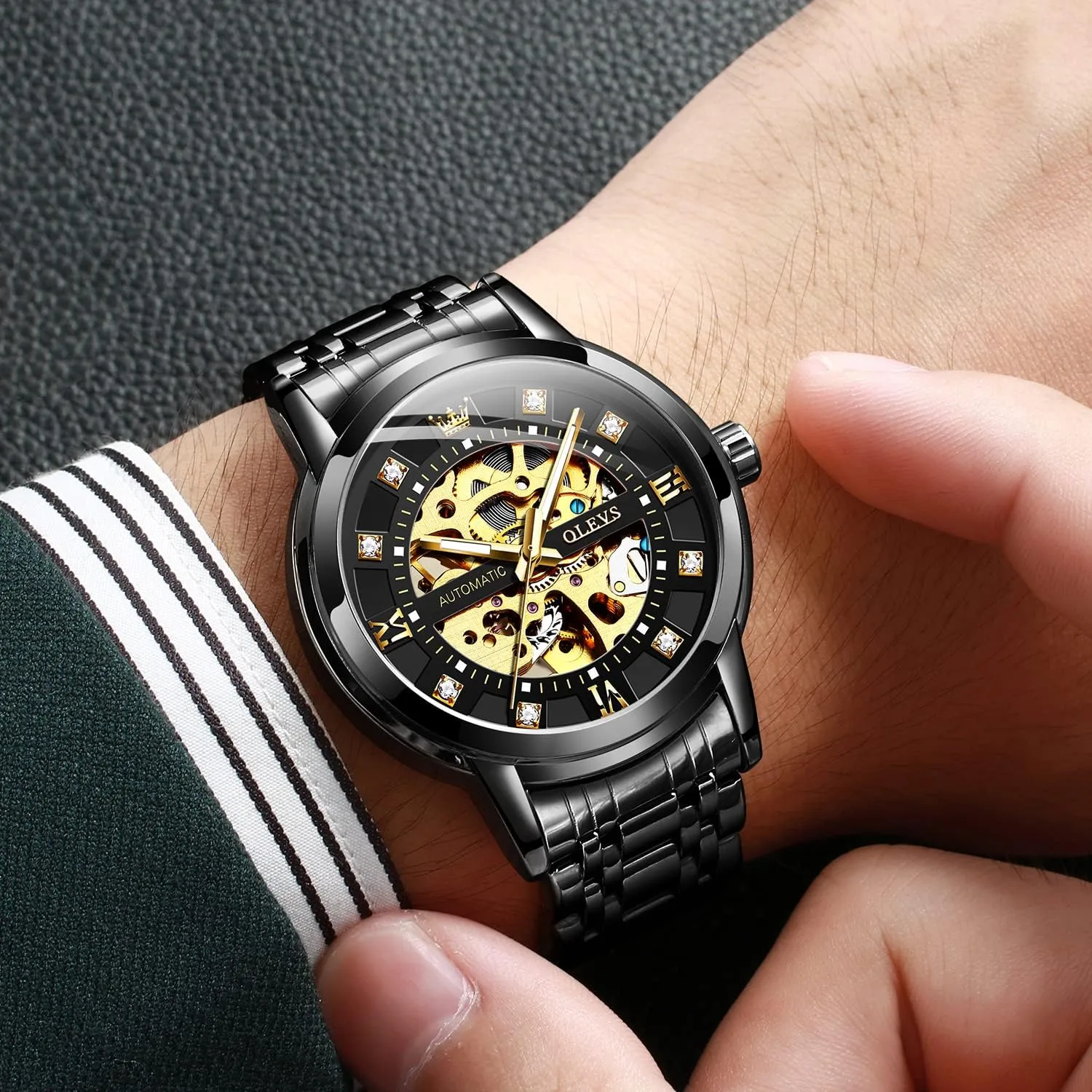 OLEVS Mens Gold Skeleton Watch Automatic Mechanical self Winding Luxury Dress Stainless Steel Waterproof Luminous Wrist Watches