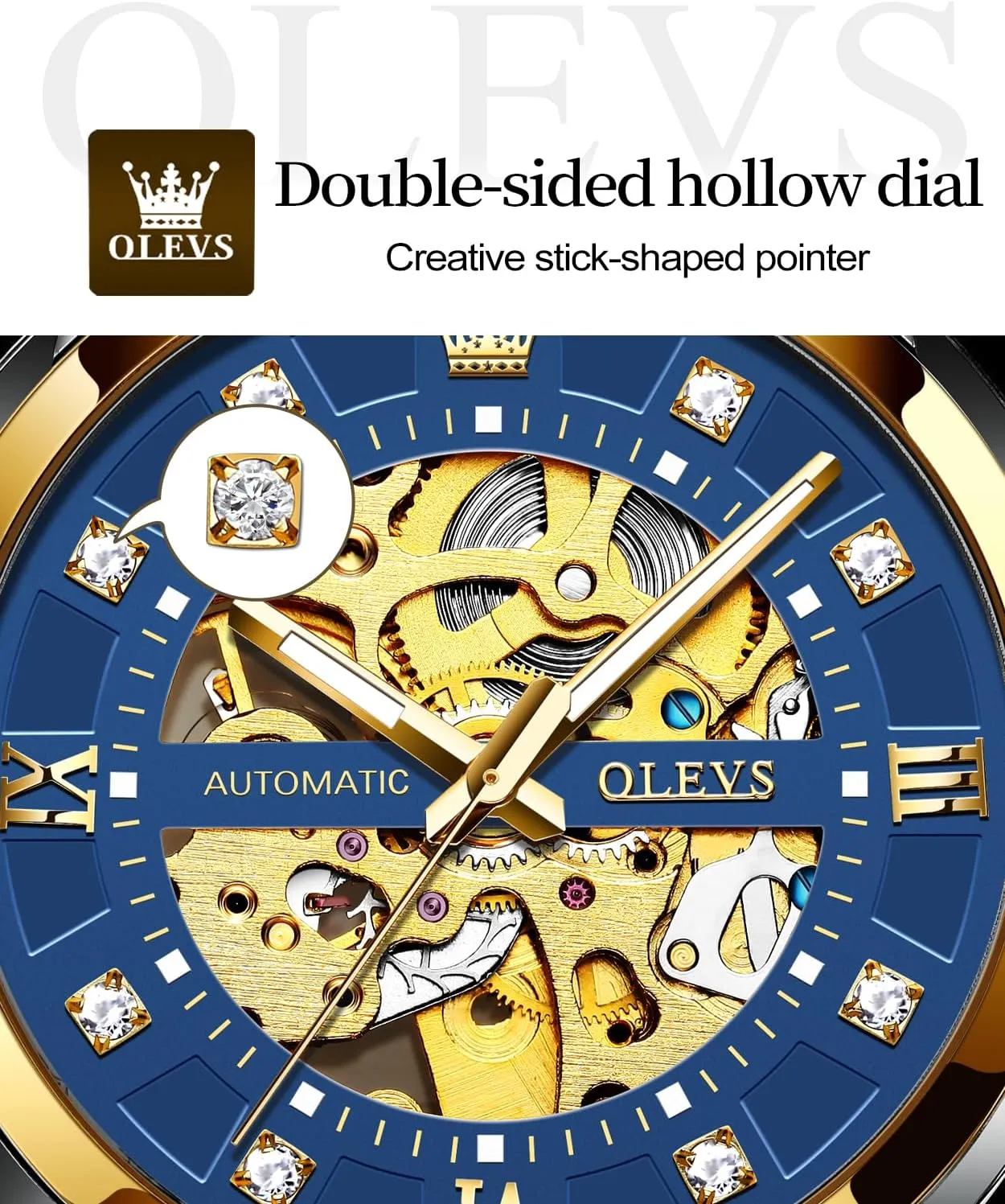 OLEVS Mens Gold Skeleton Watch Automatic Mechanical self Winding Luxury Dress Stainless Steel Waterproof Luminous Wrist Watches