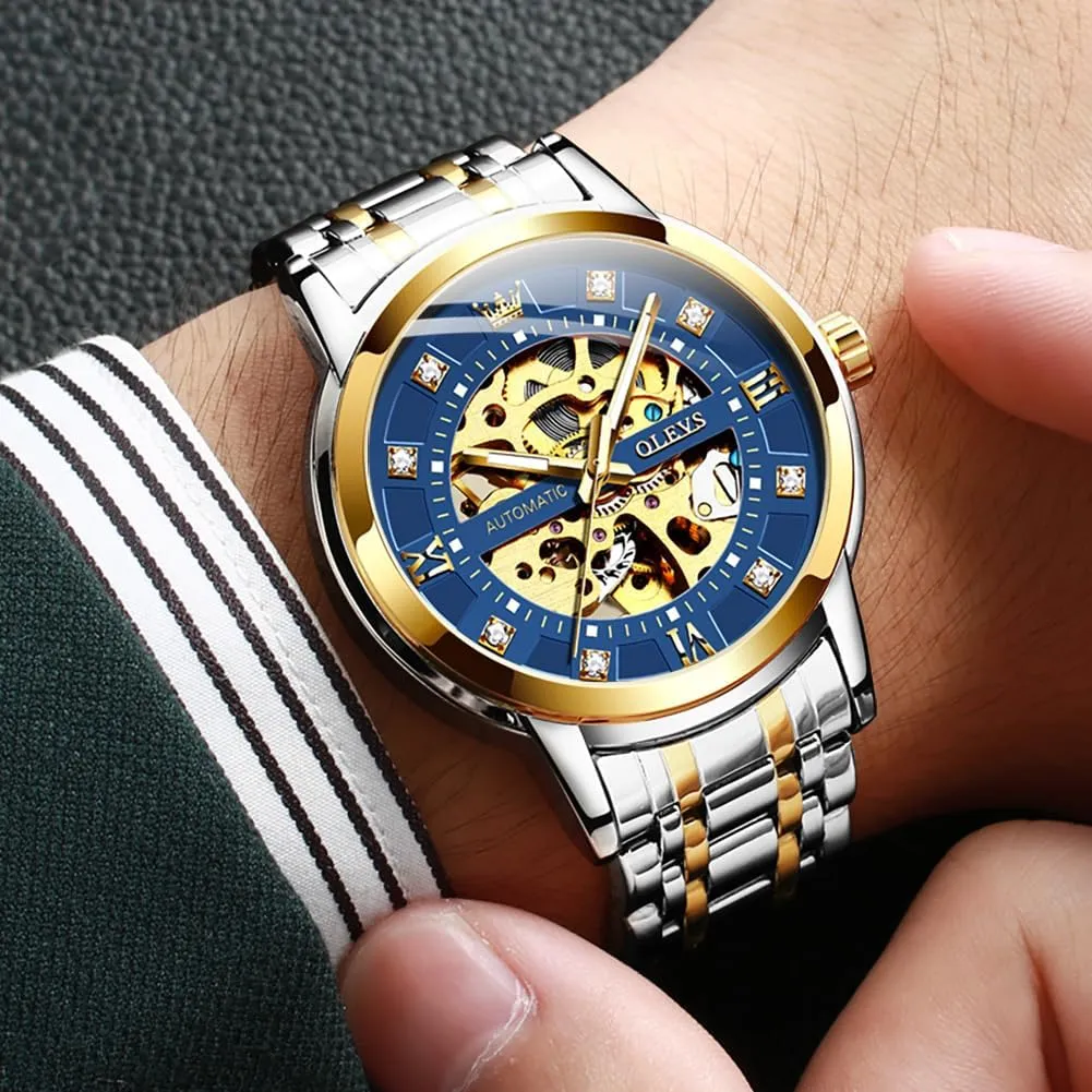 OLEVS Mens Gold Skeleton Watch Automatic Mechanical self Winding Luxury Dress Stainless Steel Waterproof Luminous Wrist Watches