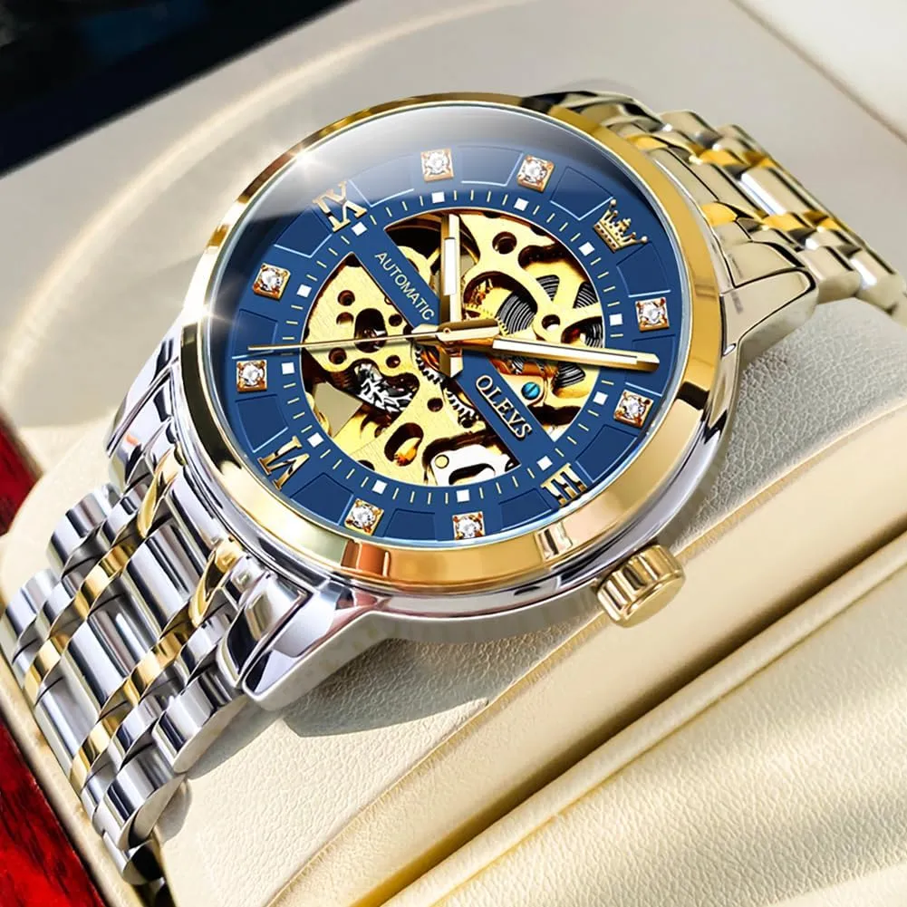 OLEVS Mens Gold Skeleton Watch Automatic Mechanical self Winding Luxury Dress Stainless Steel Waterproof Luminous Wrist Watches