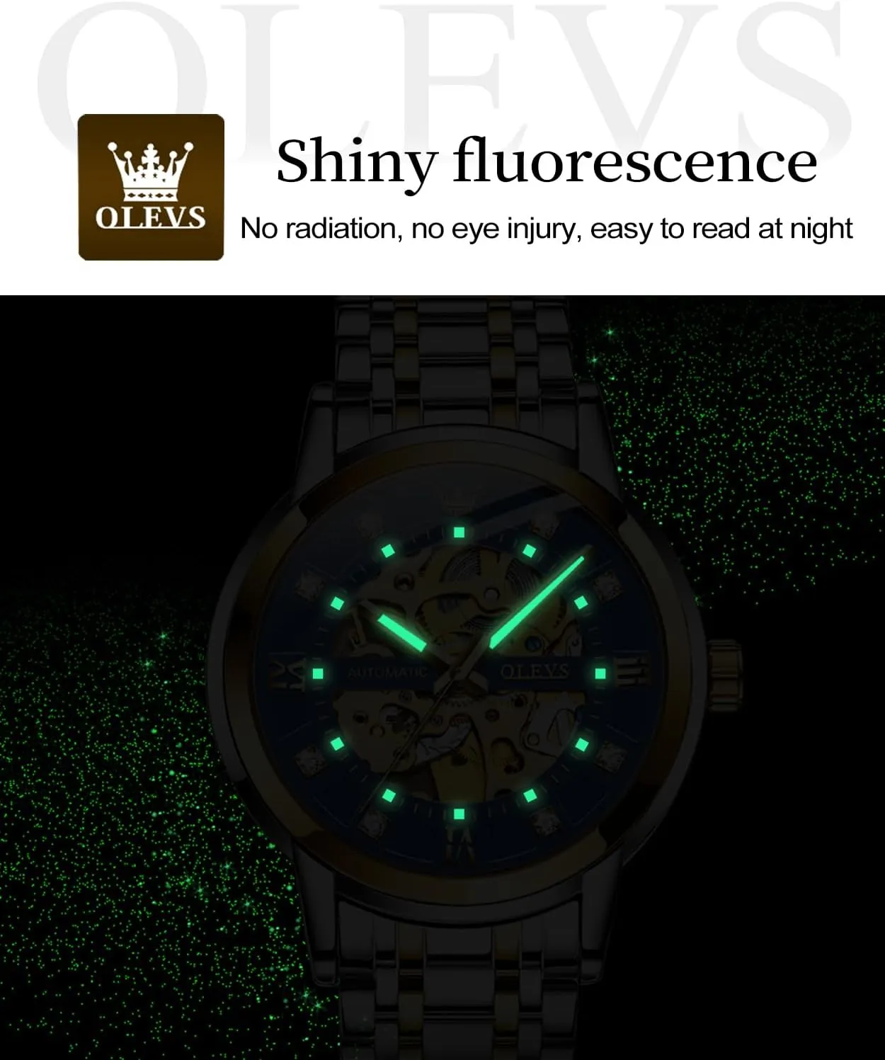 OLEVS Mens Gold Skeleton Watch Automatic Mechanical self Winding Luxury Dress Stainless Steel Waterproof Luminous Wrist Watches