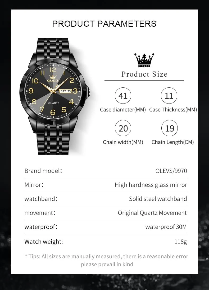 OLEVS Mens Watch, Dress Stainless Steel Analog Quartz Watches for Men with Day Date, Silver Gold Silver Two Tone Big Face Large Waterproof Luxury Casual Easy to Read Number Dial Men's Wrist Watch