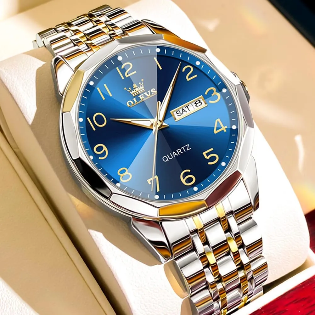 OLEVS Mens Watch, Dress Stainless Steel Analog Quartz Watches for Men with Day Date, Silver Gold Silver Two Tone Big Face Large Waterproof Luxury Casual Easy to Read Number Dial Men's Wrist Watch