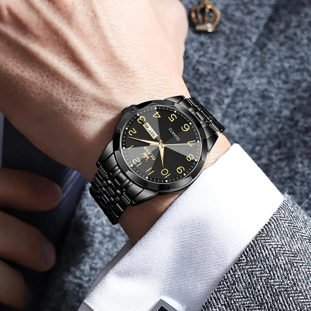OLEVS Mens Watch, Dress Stainless Steel Analog Quartz Watches for Men with Day Date, Silver Gold Silver Two Tone Big Face Large Waterproof Luxury Casual Easy to Read Number Dial Men's Wrist Watch