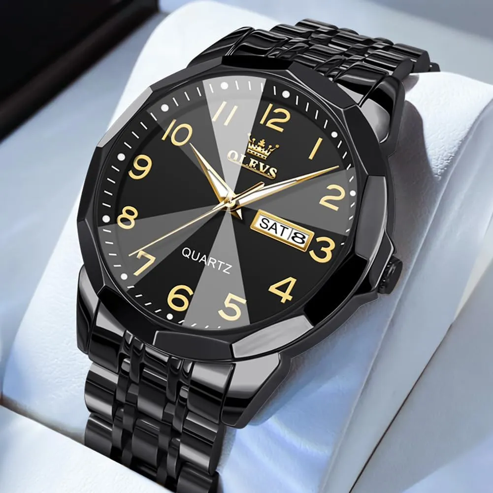 OLEVS Mens Watch, Dress Stainless Steel Analog Quartz Watches for Men with Day Date, Silver Gold Silver Two Tone Big Face Large Waterproof Luxury Casual Easy to Read Number Dial Men's Wrist Watch