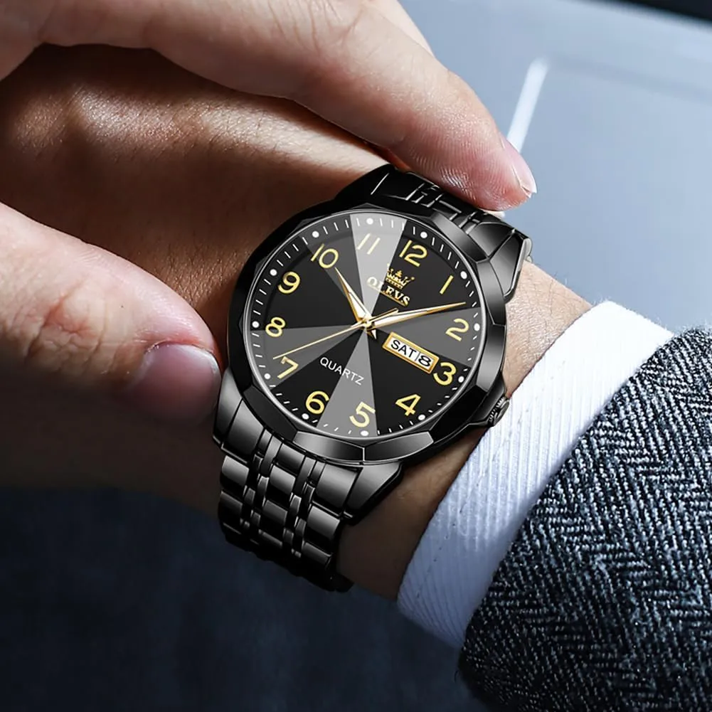 OLEVS Mens Watch, Dress Stainless Steel Analog Quartz Watches for Men with Day Date, Silver Gold Silver Two Tone Big Face Large Waterproof Luxury Casual Easy to Read Number Dial Men's Wrist Watch