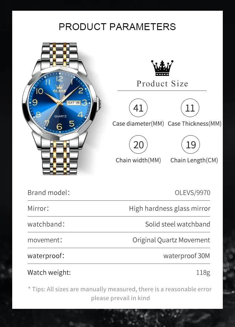 OLEVS Mens Watch, Dress Stainless Steel Analog Quartz Watches for Men with Day Date, Silver Gold Silver Two Tone Big Face Large Waterproof Luxury Casual Easy to Read Number Dial Men's Wrist Watch