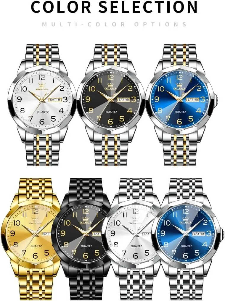 OLEVS Mens Watch, Dress Stainless Steel Analog Quartz Watches for Men with Day Date, Silver Gold Silver Two Tone Big Face Large Waterproof Luxury Casual Easy to Read Number Dial Men's Wrist Watch
