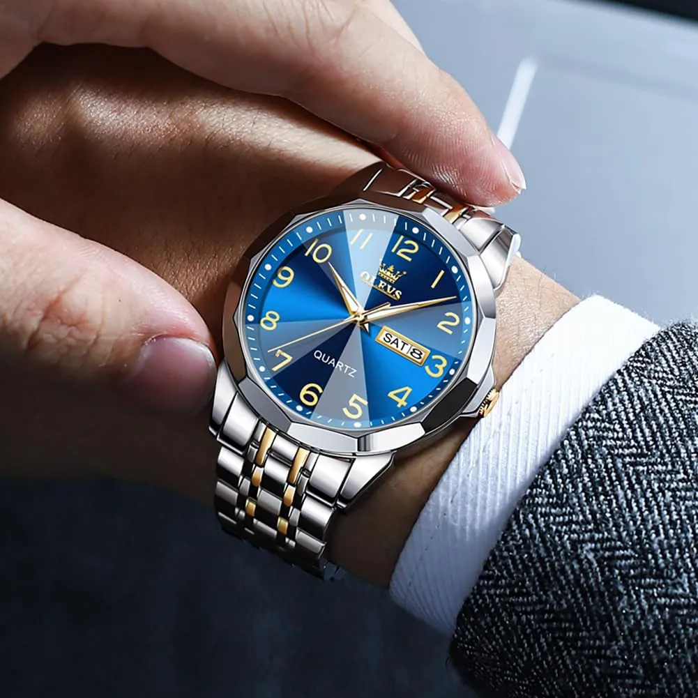 OLEVS Mens Watch, Dress Stainless Steel Analog Quartz Watches for Men with Day Date, Silver Gold Silver Two Tone Big Face Large Waterproof Luxury Casual Easy to Read Number Dial Men's Wrist Watch