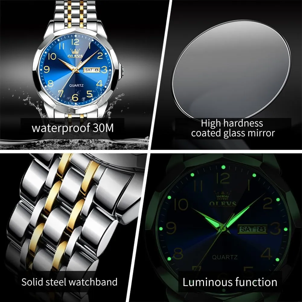 OLEVS Mens Watch, Dress Stainless Steel Analog Quartz Watches for Men with Day Date, Silver Gold Silver Two Tone Big Face Large Waterproof Luxury Casual Easy to Read Number Dial Men's Wrist Watch