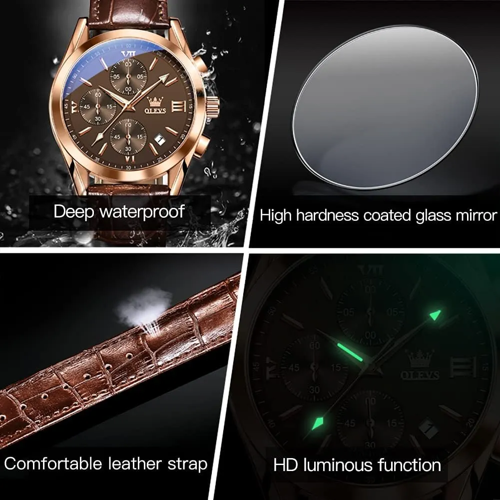 OLEVS Men's Watches Brown Leather with Date,Casual Watches for Men,Large Face Watches Men,Chronograph Mens Watch,Sport Waterproof Business Dress Analog Quartz Men's Wrist Watches Reloj De Hombre