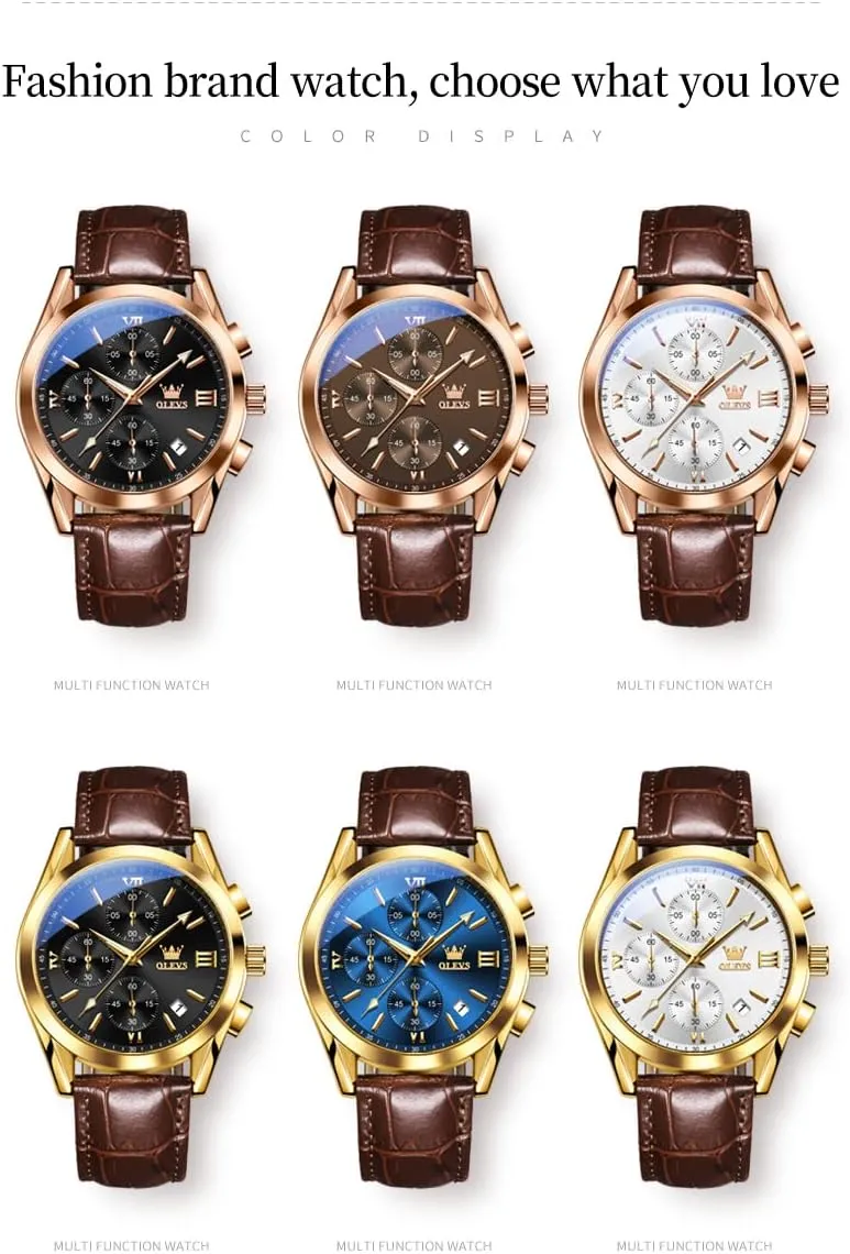 OLEVS Men's Watches Brown Leather with Date,Casual Watches for Men,Large Face Watches Men,Chronograph Mens Watch,Sport Waterproof Business Dress Analog Quartz Men's Wrist Watches Reloj De Hombre