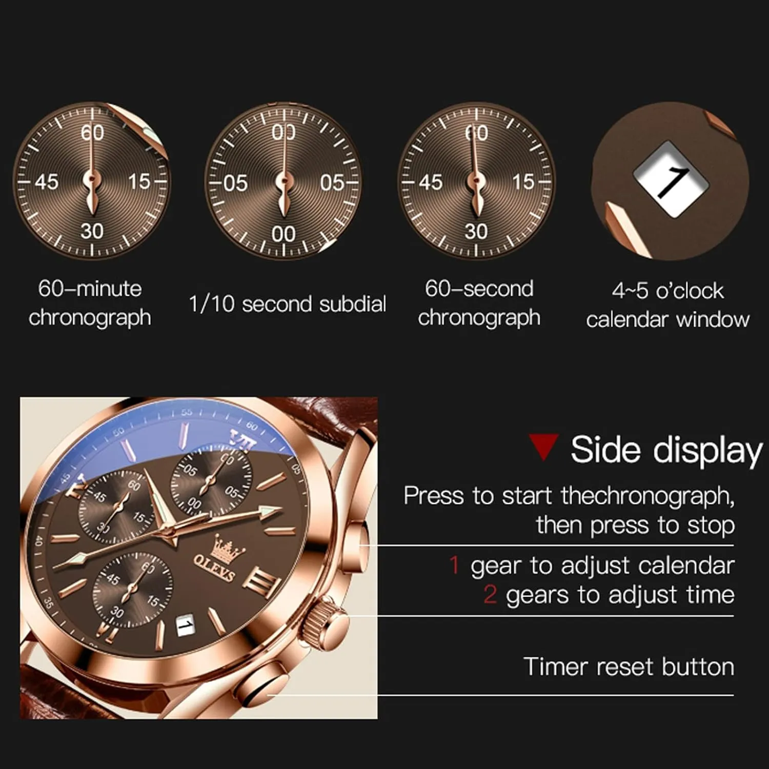 OLEVS Men's Watches Brown Leather with Date,Casual Watches for Men,Large Face Watches Men,Chronograph Mens Watch,Sport Waterproof Business Dress Analog Quartz Men's Wrist Watches Reloj De Hombre
