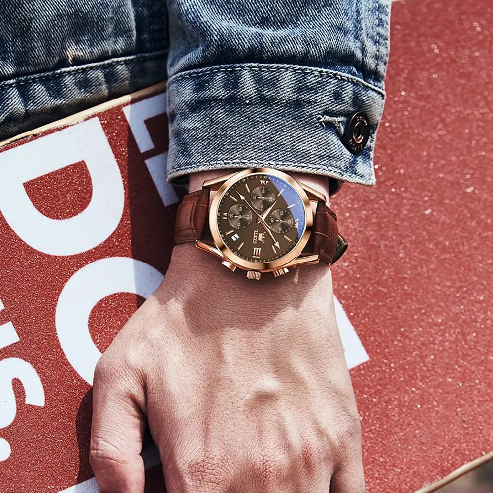 OLEVS Men's Watches Brown Leather with Date,Casual Watches for Men,Large Face Watches Men,Chronograph Mens Watch,Sport Waterproof Business Dress Analog Quartz Men's Wrist Watches Reloj De Hombre