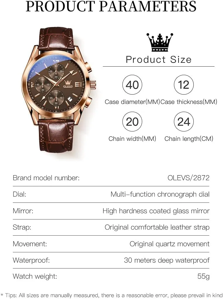 OLEVS Men's Watches Brown Leather with Date,Casual Watches for Men,Large Face Watches Men,Chronograph Mens Watch,Sport Waterproof Business Dress Analog Quartz Men's Wrist Watches Reloj De Hombre