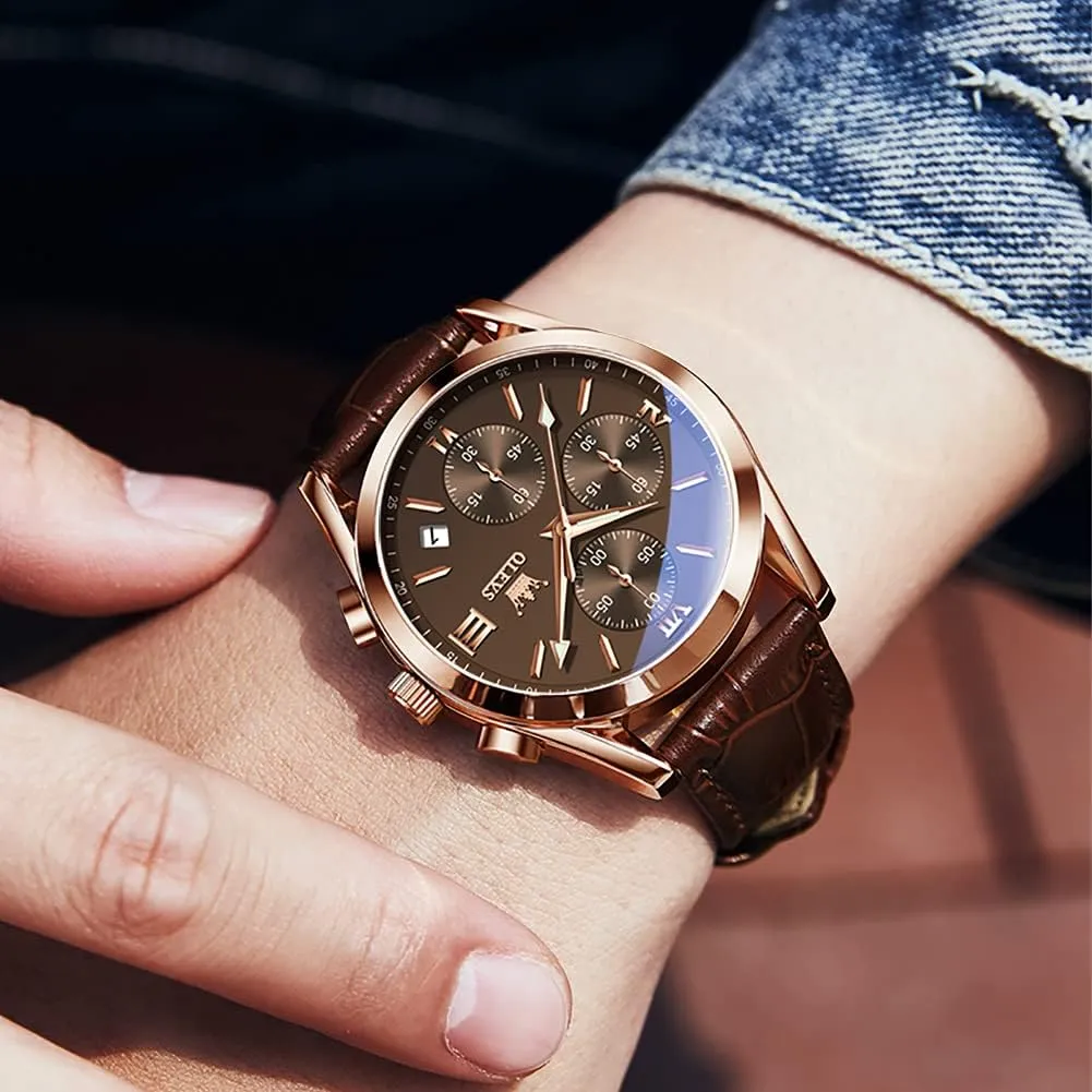 OLEVS Men's Watches Brown Leather with Date,Casual Watches for Men,Large Face Watches Men,Chronograph Mens Watch,Sport Waterproof Business Dress Analog Quartz Men's Wrist Watches Reloj De Hombre