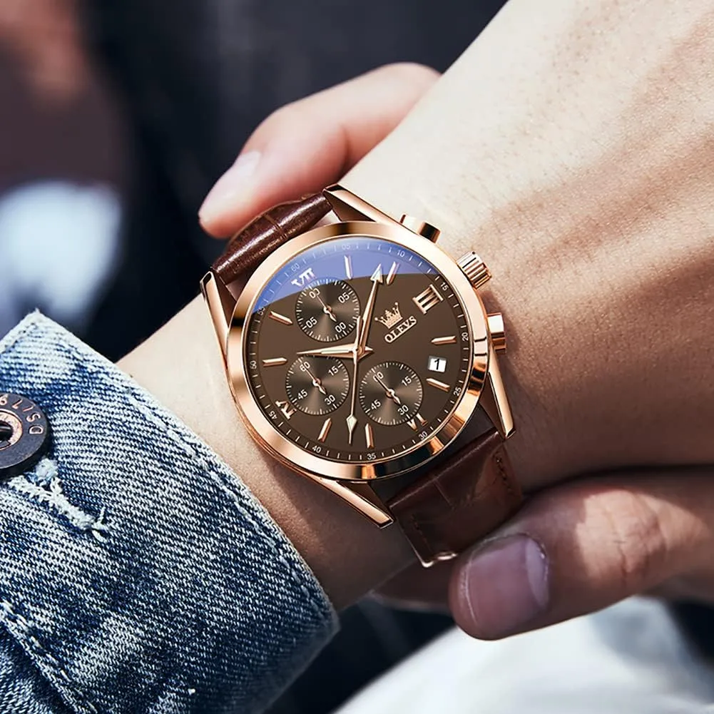 OLEVS Men's Watches Brown Leather with Date,Casual Watches for Men,Large Face Watches Men,Chronograph Mens Watch,Sport Waterproof Business Dress Analog Quartz Men's Wrist Watches Reloj De Hombre