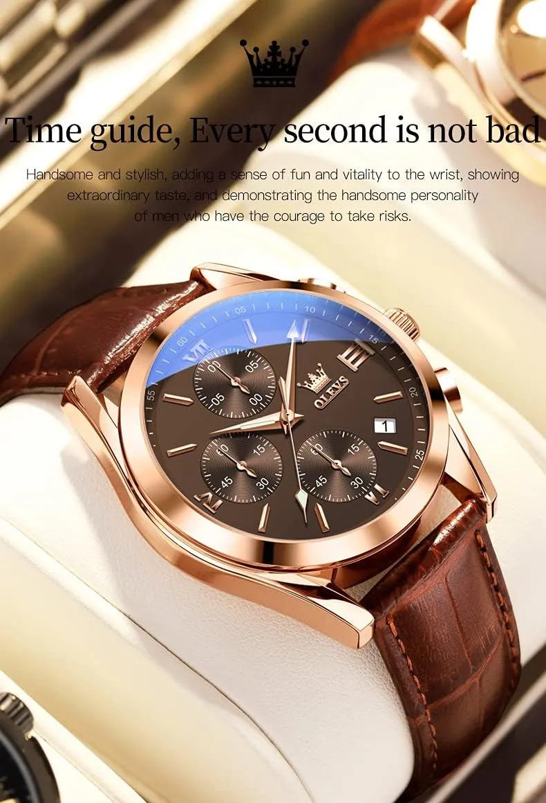 OLEVS Men's Watches Brown Leather with Date,Casual Watches for Men,Large Face Watches Men,Chronograph Mens Watch,Sport Waterproof Business Dress Analog Quartz Men's Wrist Watches Reloj De Hombre