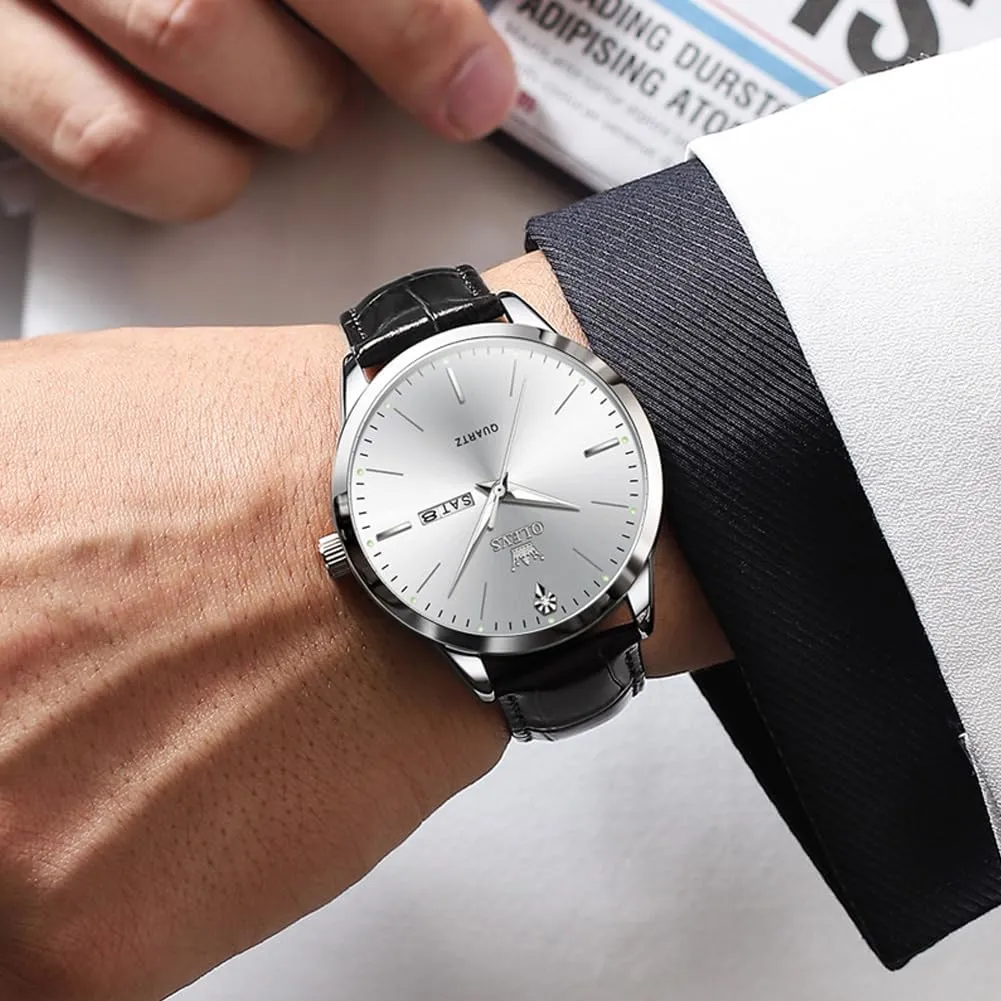 OLEVS Mens Watches, Dress Waterproof Classic Analog Casual Luxury Wrist Watch for Men with Date, Easy to Read Relojes para Hombres Male Quartz Wristwatch with Brown Black Leather Band Blue Black Dial