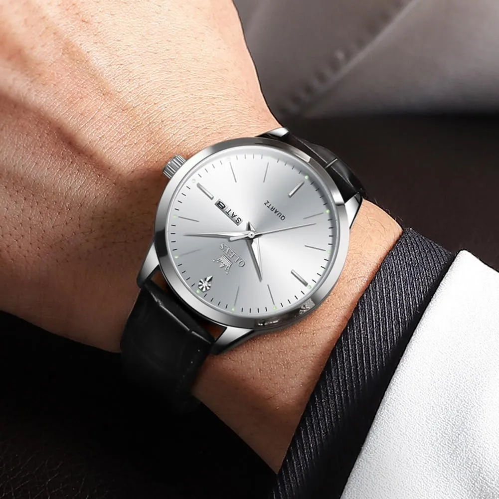 OLEVS Mens Watches, Dress Waterproof Classic Analog Casual Luxury Wrist Watch for Men with Date, Easy to Read Relojes para Hombres Male Quartz Wristwatch with Brown Black Leather Band Blue Black Dial