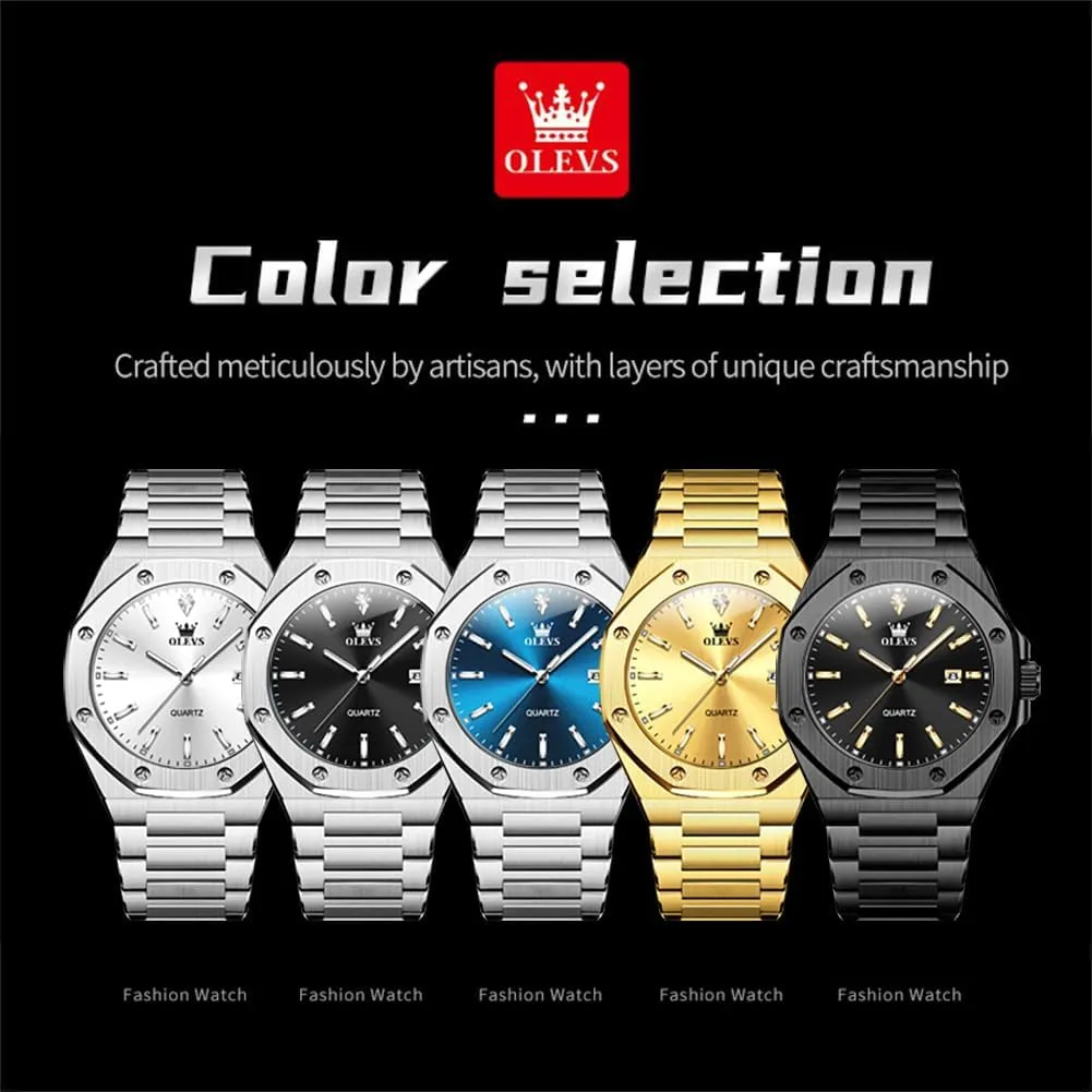 OLEVS Mens Watches Octagonal Luxury Stainless Steel Dress Watches for Men Quartz Analog Large Face Luminous Relojes para Hombres