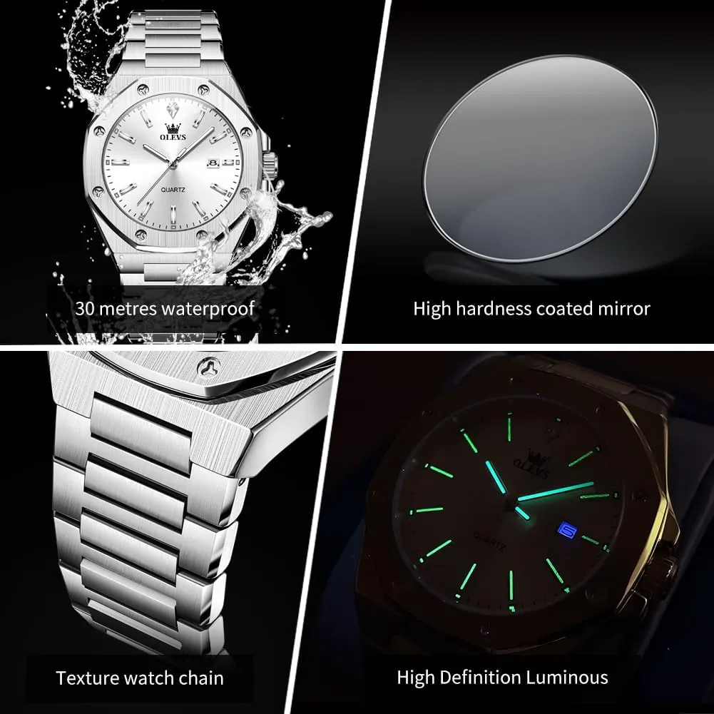 OLEVS Mens Watches Octagonal Luxury Stainless Steel Dress Watches for Men Quartz Analog Large Face Luminous Relojes para Hombres