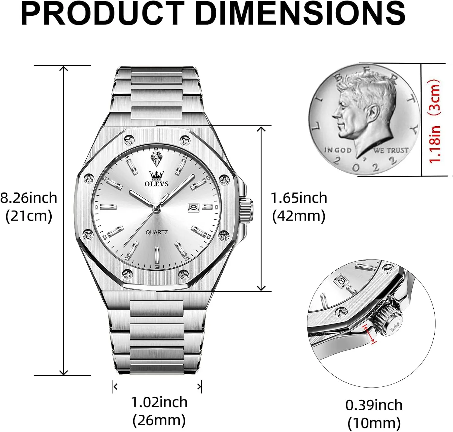OLEVS Mens Watches Octagonal Luxury Stainless Steel Dress Watches for Men Quartz Analog Large Face Luminous Relojes para Hombres